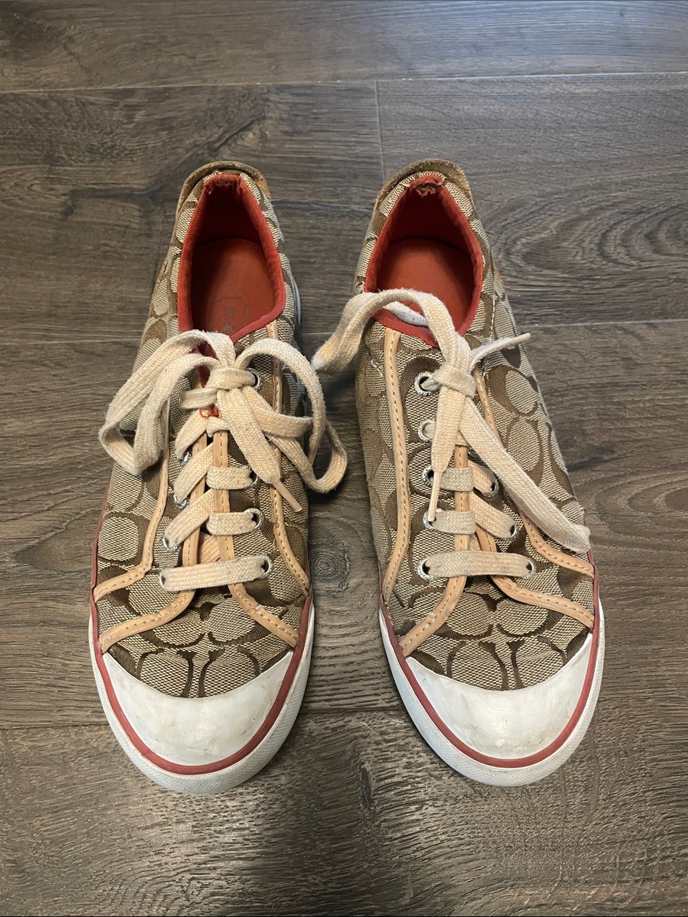 Women’s Coach Tan & Beige Signature Canvas Sneakers w/ Coach Logo Size 7.5M
